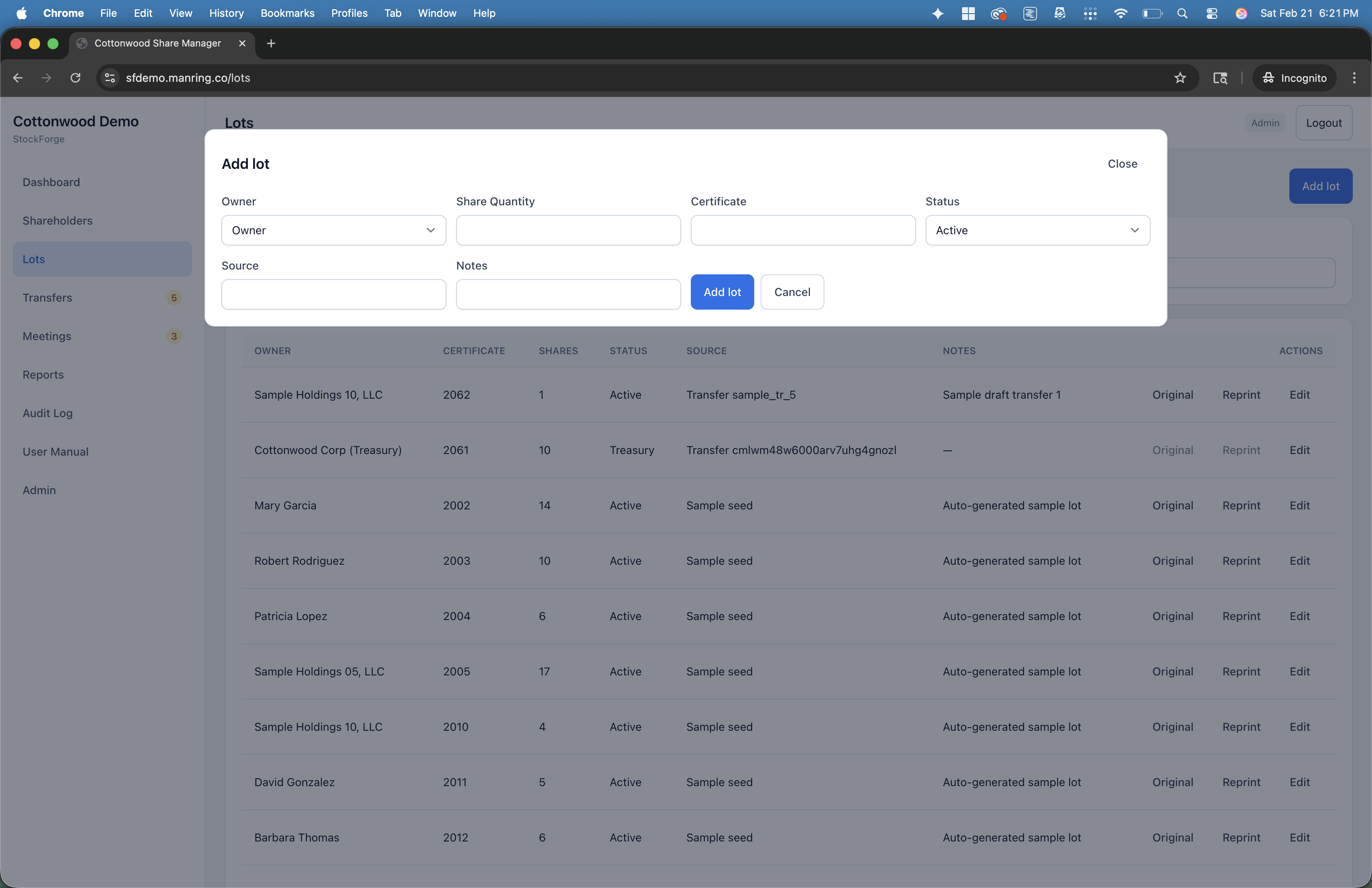 Vericapt add lot form