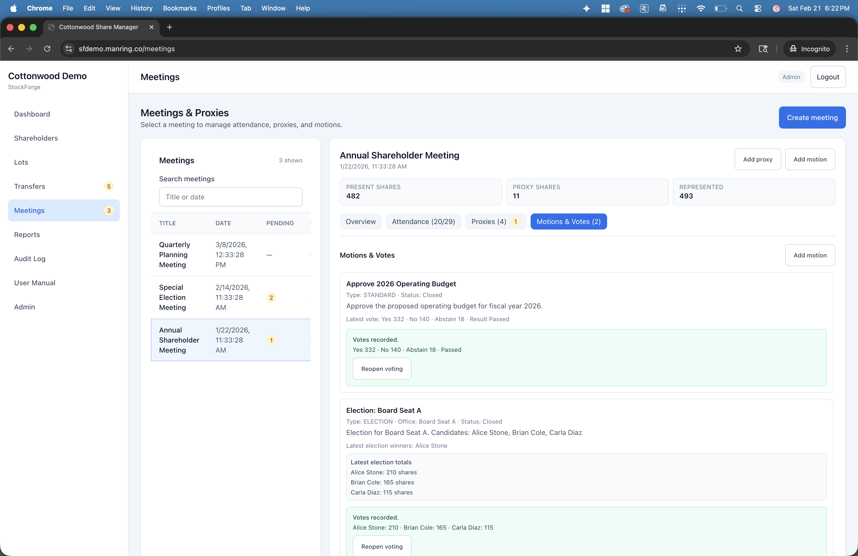 Vericapt motions and votes tab showing election results