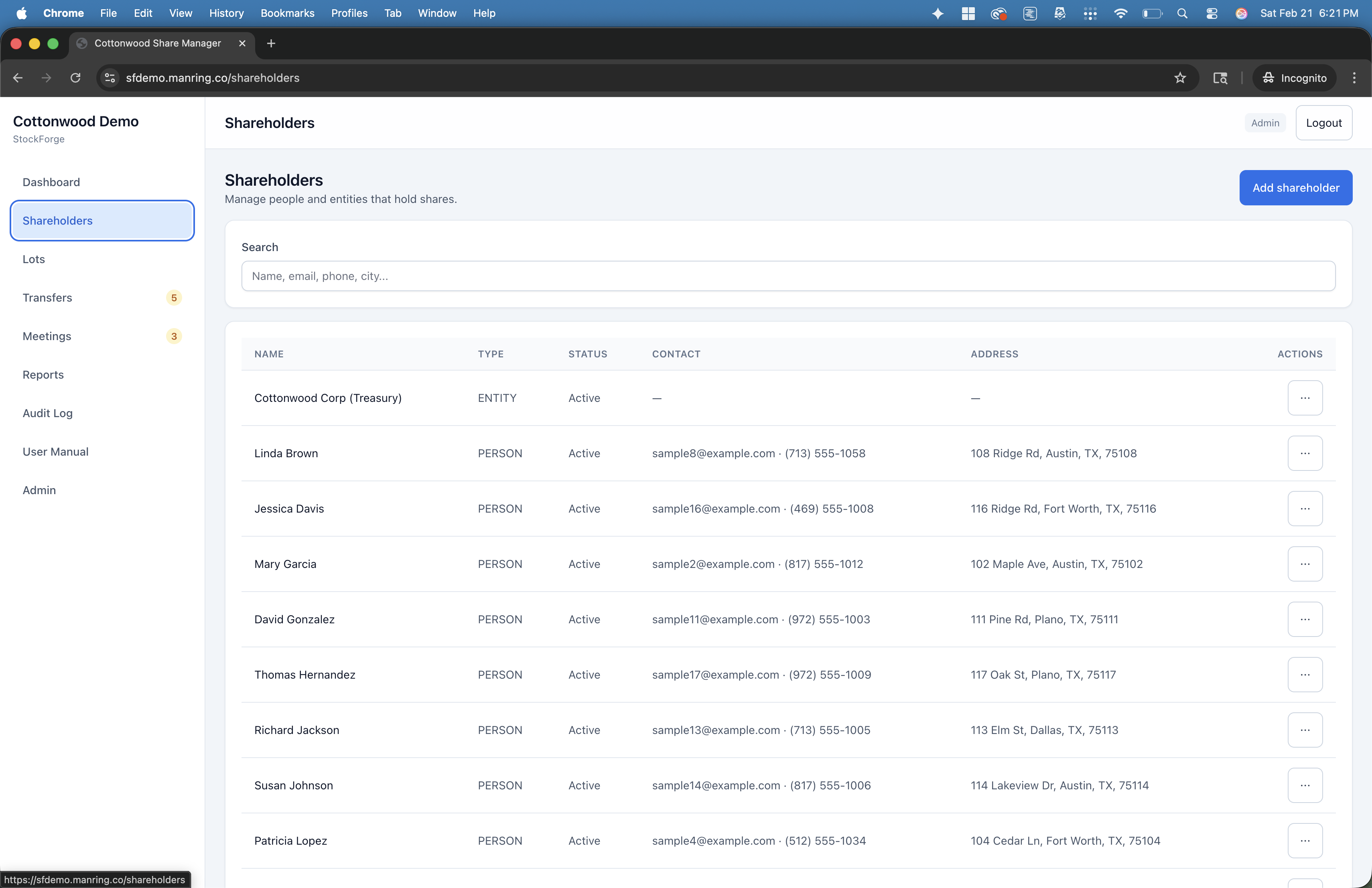Vericapt shareholders list with contact and address information