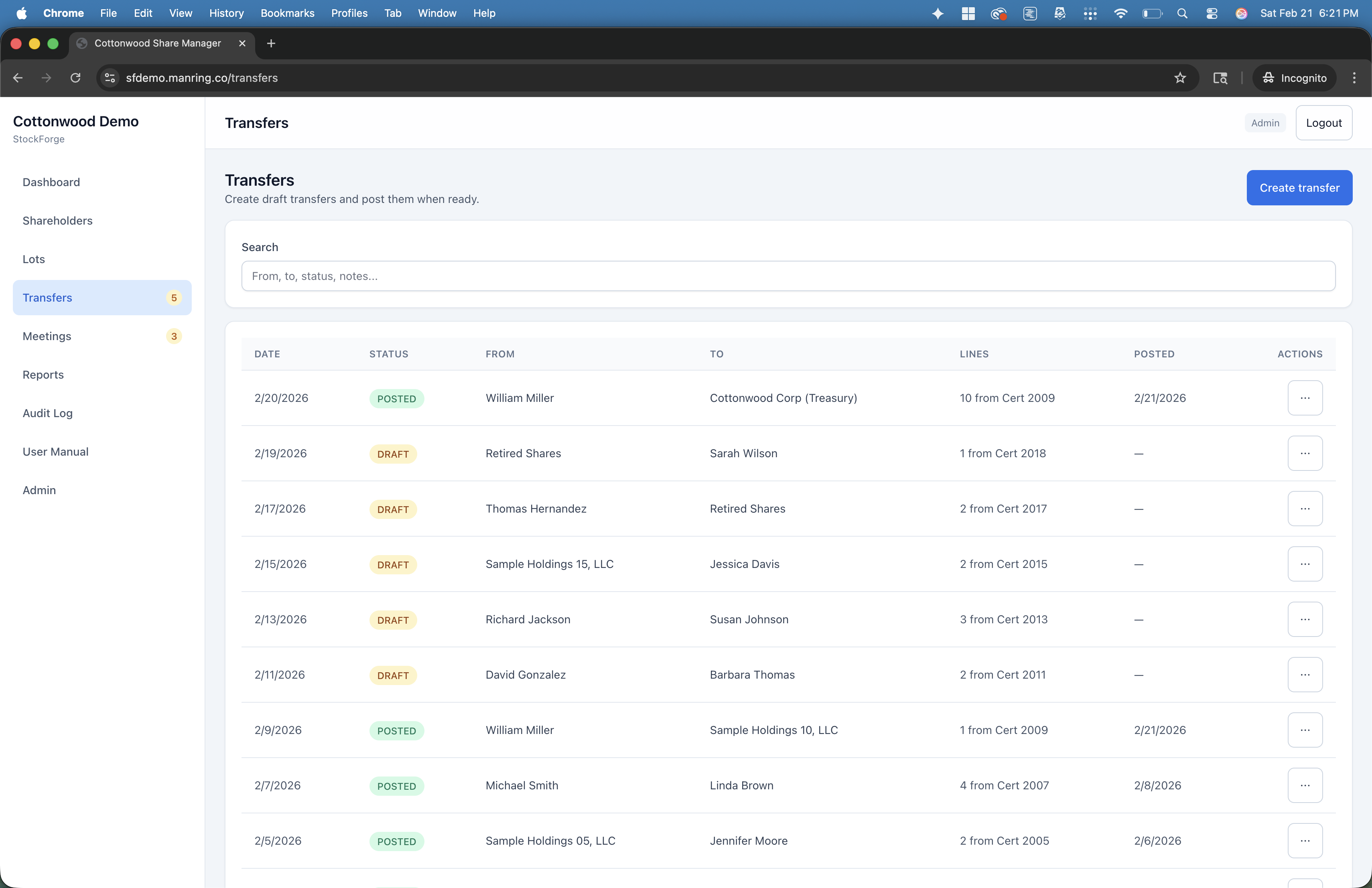 Vericapt transfers list showing draft and posted transfers